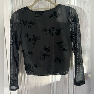 Blk floral velvet burnout Y2K inspired sheer long sleeved scoop back top sz L